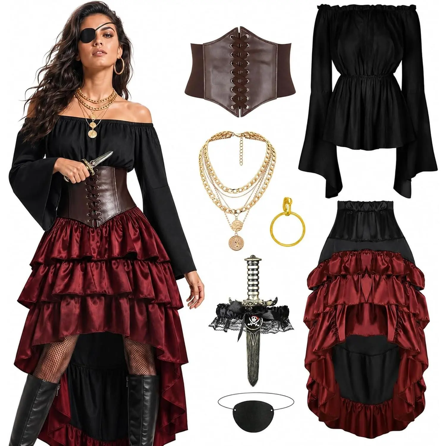 Women Renaissance Pirate Costume Steampunk Corset Skirt Top with Accessories Halloween Outfit(Gift)