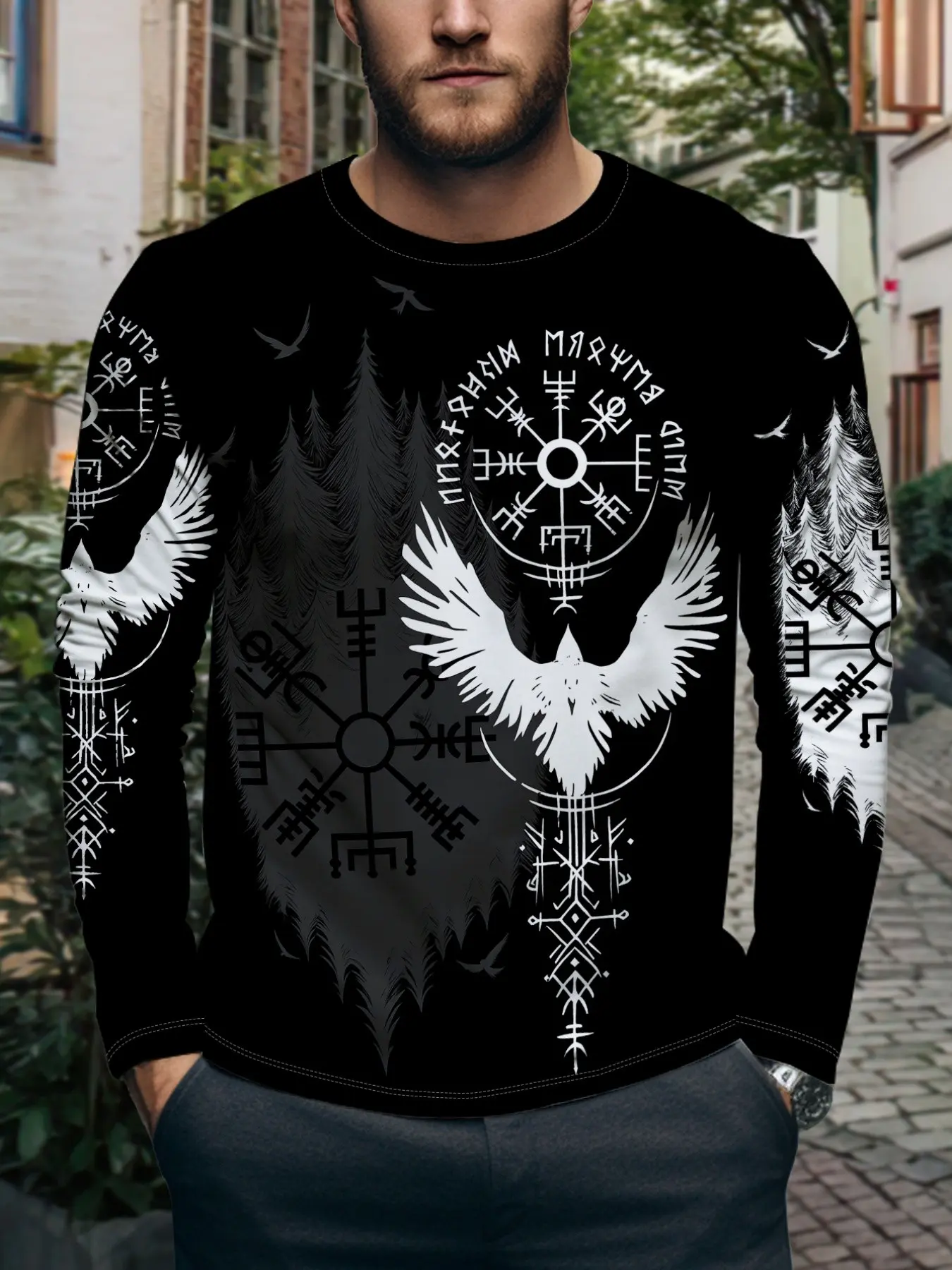 Men's Vintage Raven Viking Compass Rune Full Print Long Sleeve T-Shirt, Dark Ethnic Streetwear Round Neck Casual Top, Perfect for Parties