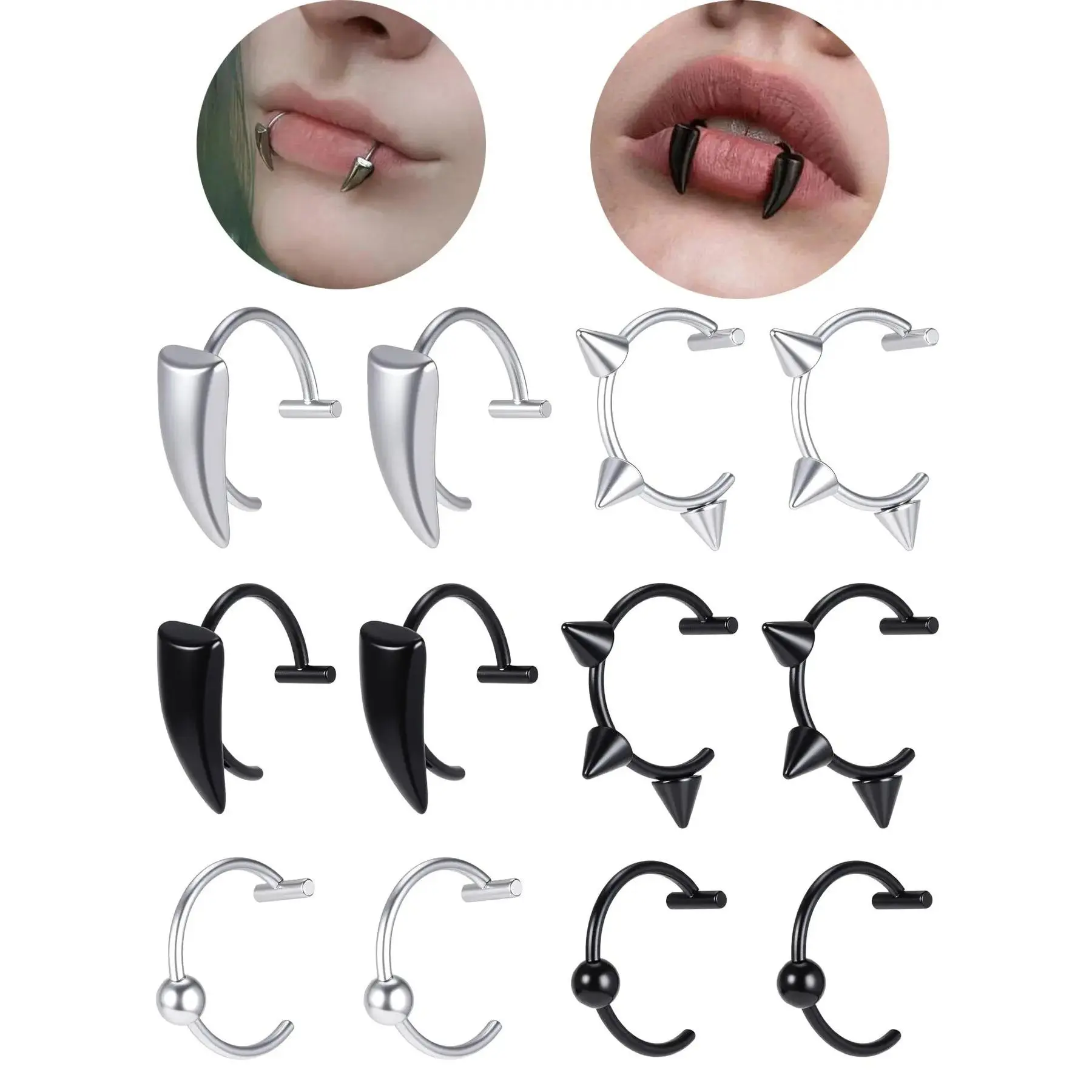 12Pcs Fake Lip Ring Mouth Ring Vampire Teeth Ring Fake Snake Bite Non-Piercing Lip Cuff Ear Cuff Stainless Steel Adjustable Labret Piercing Jewelry Set for Women Men Punk Dental Jewelry