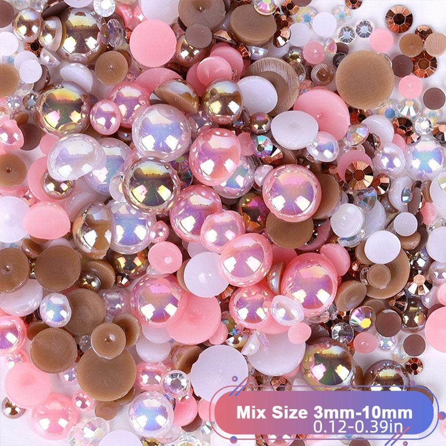 Mixed Size Flat Back Pearls & Rhinestones (1200pcs), Resin Rhinestones, Semi-circular Flat Back Pearl Rhinestones, DIY Materials For Nails, Face, Art, Crafts, Jewelry Decoration, Bling Rhinestone Decoration