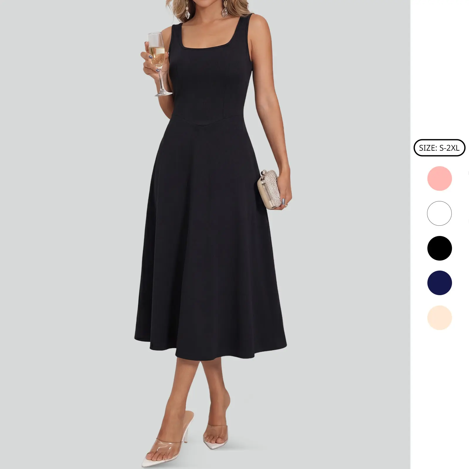 Imily Bela Womens Sleeveless Elegant Dresses Square Neck Aline Swing Maxi Beach Wedding Guest Dress Pockets