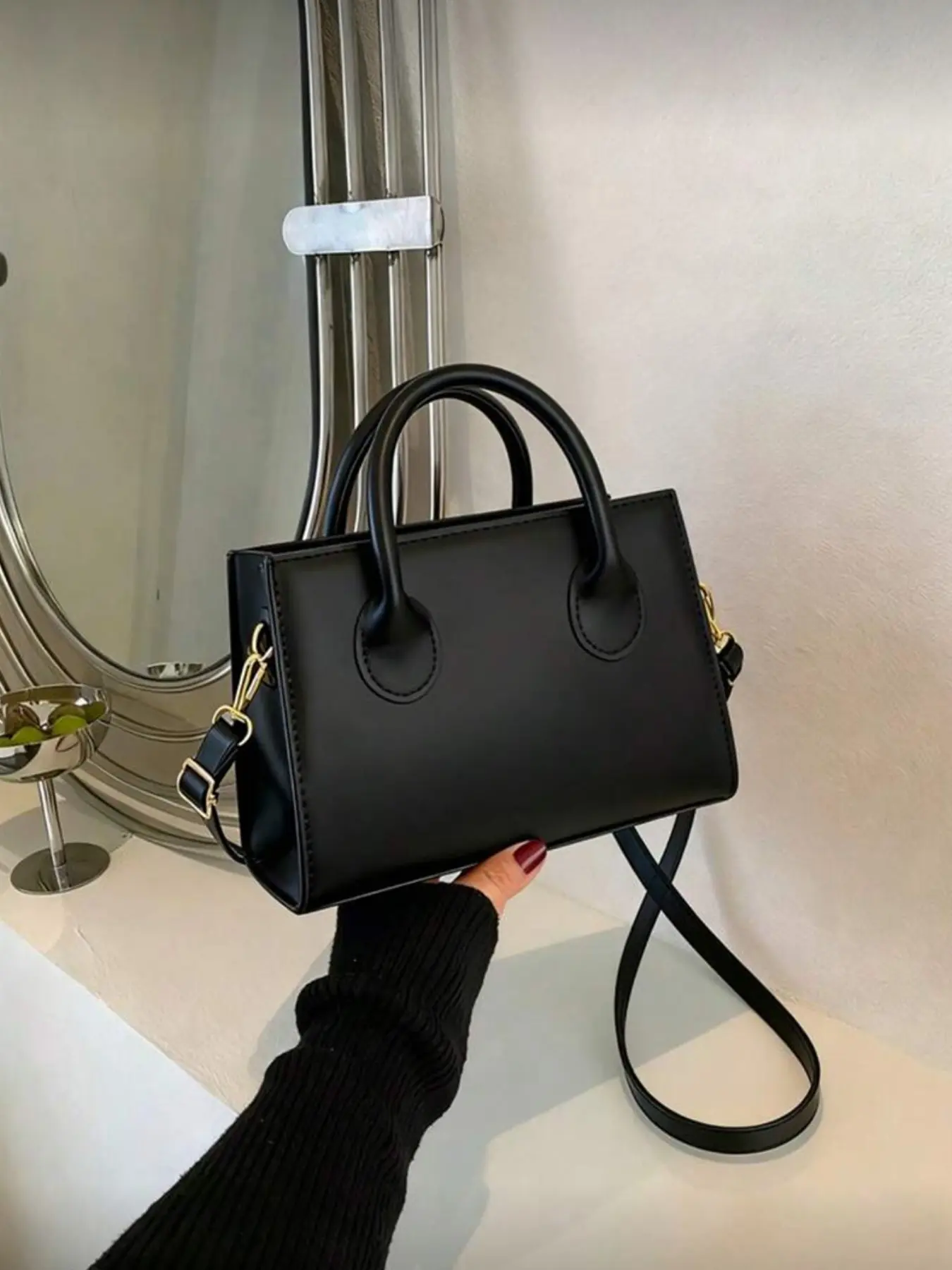 Women's Fashion Small Square Bag, Stone Material, Dual Handles, Crocodile Embossed Pattern, Adjustable Strap, Casual Travel Shopping