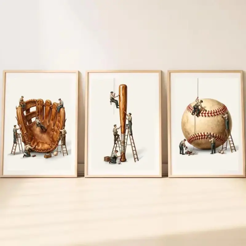 Unframed Baseball Trio Canvas Art, Bat Ball Glove Theme Wall Decor, Boy Room Decoration, Sports Style Wall Art, Baseball Bedroom Painting