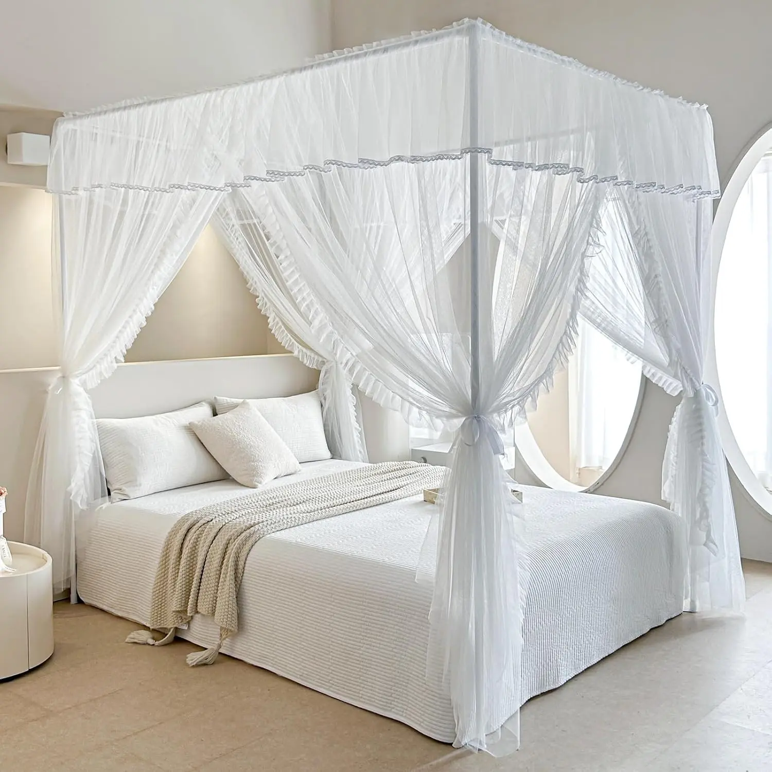 Full Size Polyester Bed Canopy - 4 Corners Post Ruffle Design, Layered Cozy Drape Netting with 4 Openings, Light Blocker for Girls' Bedroom Decoration (White)