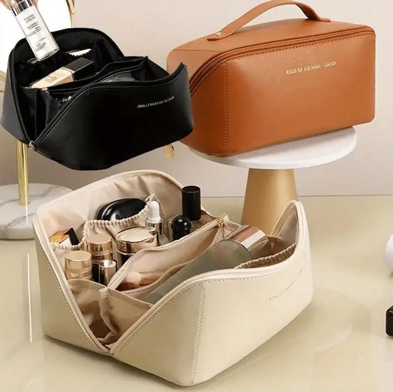 Sleek Luxury Large Capacity Travel Makeup Organizer - Water-Resistant Multiple Pockets - Portable Handheld