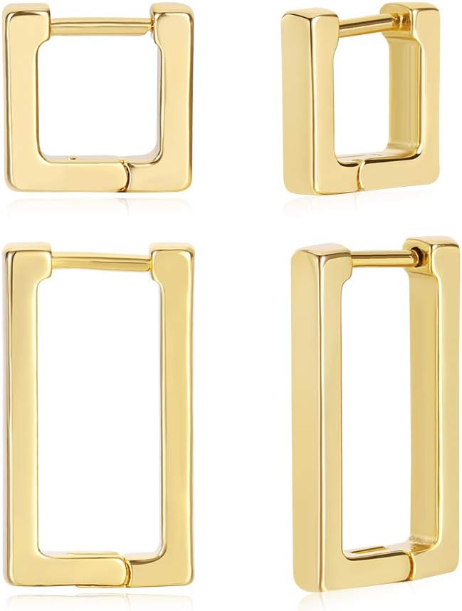 2 Pairs 14K Gold Plated Minimalist Hoop Earrings Small Dainty Geometric Square and Rectangle Huggies Hoops for Girls Women Gift, gold, silver and black
