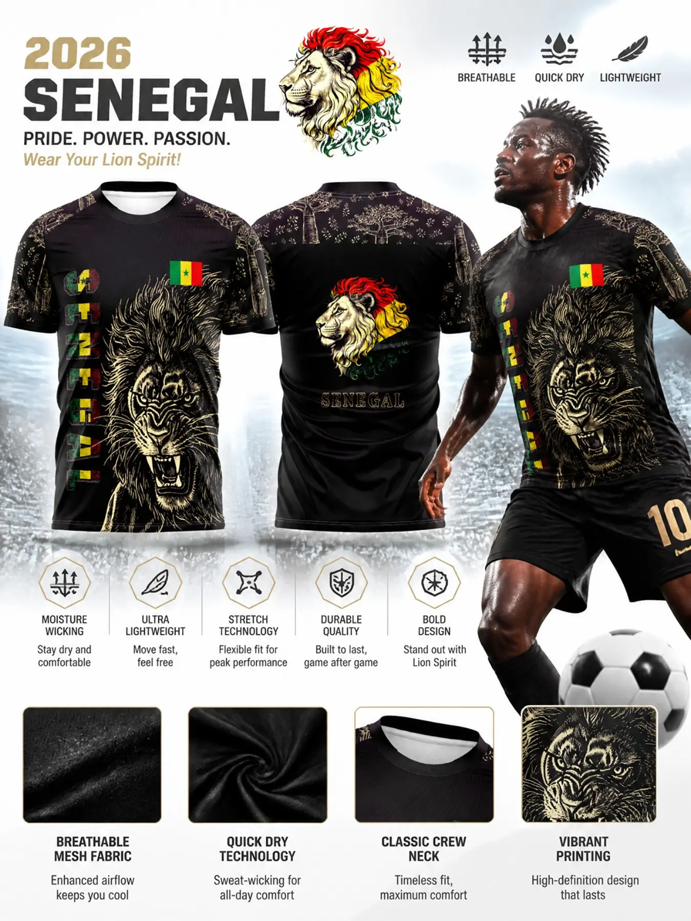 2026 Senegal Soccer Lightweight Breathable Jersey, Mesh Print, Quick-Dry Sporty Fitted Tee, Fan Sportswear Top, Athletic Active Tops, Ideal for Fans and Training