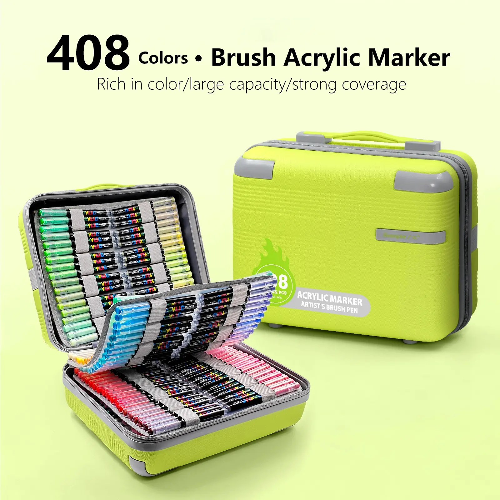 Guangna Acrylic Marker Pens, 408 Colors, Portable Case, Soft Tip, Auto Ink System, Ideal for Art, DIY, Canvas, Wood, Glass, Fabric, Back-To-School Season