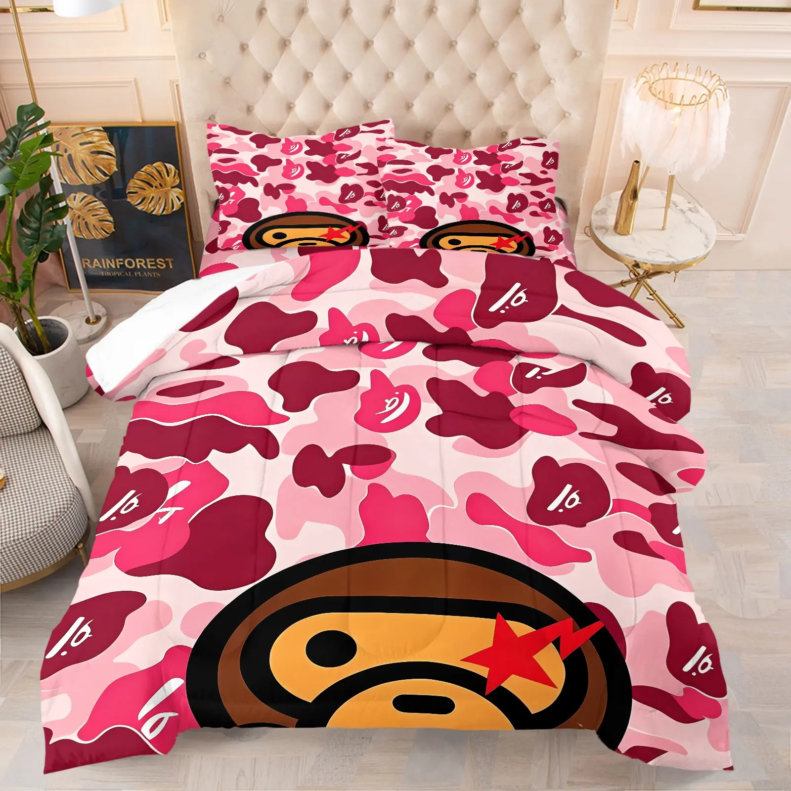 Sweet Cool Pink Camo Cartoon Monkey Quilted Comforter Set, Include 1 Quilt Core and 1/2 Pillowcases, Girly Contrast Camouflage Animal Print Warm Bedding, Machine Washable Teen Girls Bedroom Dorm Aesthetic Duvet