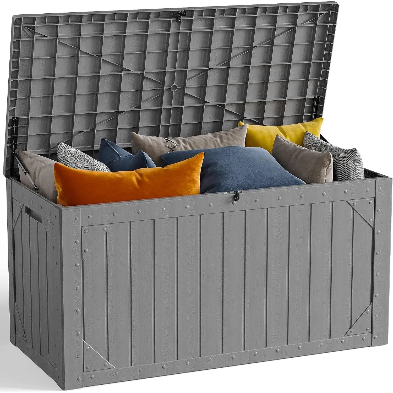 100 Gallon Outdoor Storage Box, Waterproof Resin Deck Box Organizer for Patio Cushion Storage, Lockable Outside Container for Garden Tools