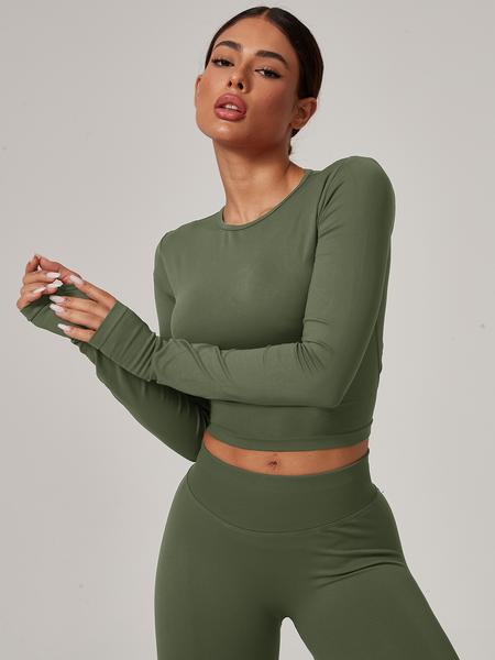 Women's Seamless Knitted Long-Sleeved Sports T-Shirt, Slim-fit, slimming, waist-cinching, Quick-drying, elastic thumb holes, Sports tight-fitting, breathable running, Yoga wear, Gym Tops, Fitness Running Tops