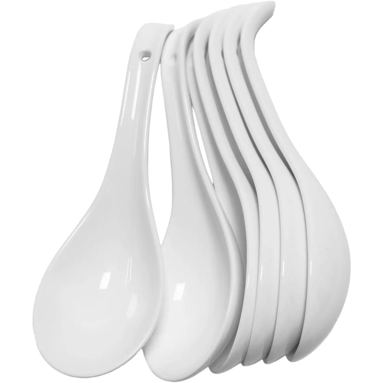 6.75 in Soup Spoons  6 count  Soup Spoon Ceramic White Chinese  Soup Spoon for Cereal Ramen Pho Dumpling Wonton Miso  & Dishwasher Safe Deep Oval Hook Design