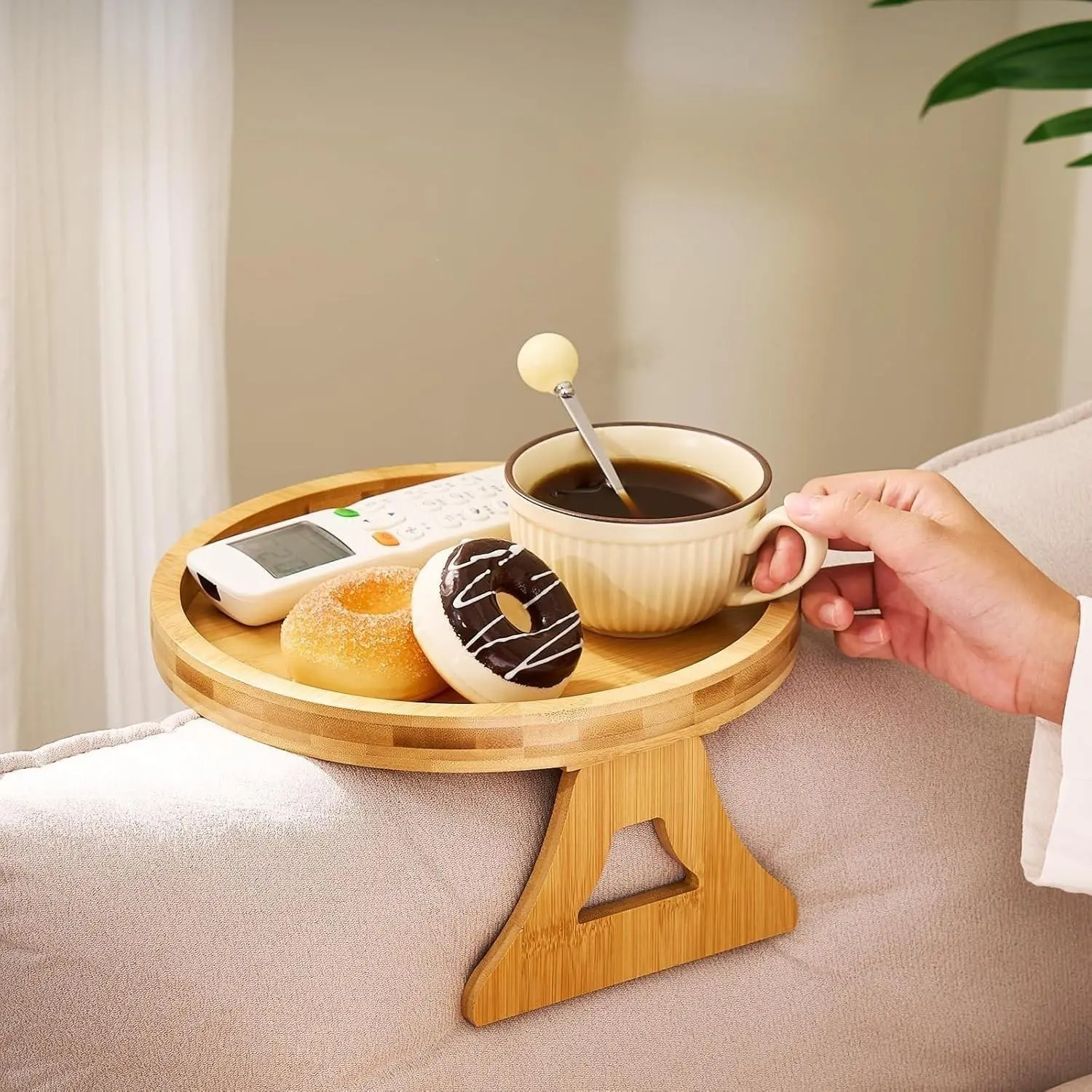Bamboo Round Sofa Tray, Clip-On Side Table with Foldable Legs, Ideal for Coffee, Tea, Snacks, Remote Control, Living Room, Apartment, Dormitory