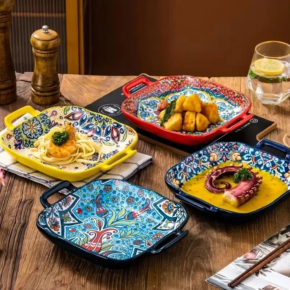 Boho Style Ceramic Serving Plate, Decorative Plates, Flower Pattern Plate with Handle, Creative Household Salad Plate for Home Kitchen Dining Room Picnic, Modern Ceramic Plates, Dinnerware, Dishwasher Safe Tableware