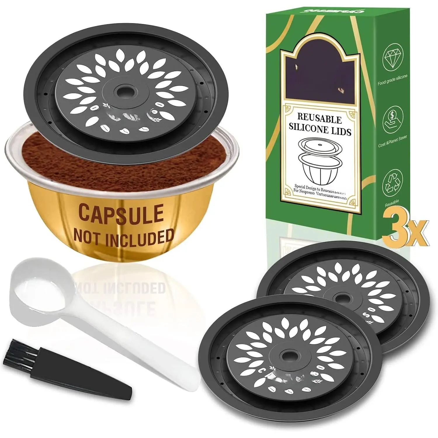 Coffee Capsule  for   Pods Vertuoline,  Grade  Caps for Every Sizes of Refillable Vertuoline Pods with Scoop and Brush(3PCS  Caps-NO PODS)