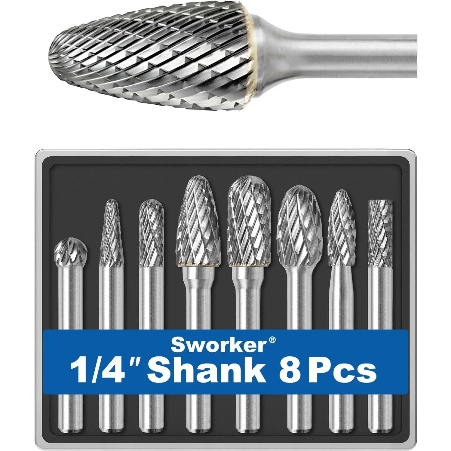 8-piece set of carbide grinding heads with 1/ 4inch shank and transparent box.Maximum head diameter 10mm.Suitable for rotary tool accessories of power tools.Accessories include files for grinding, deburring, cutting, trimming,