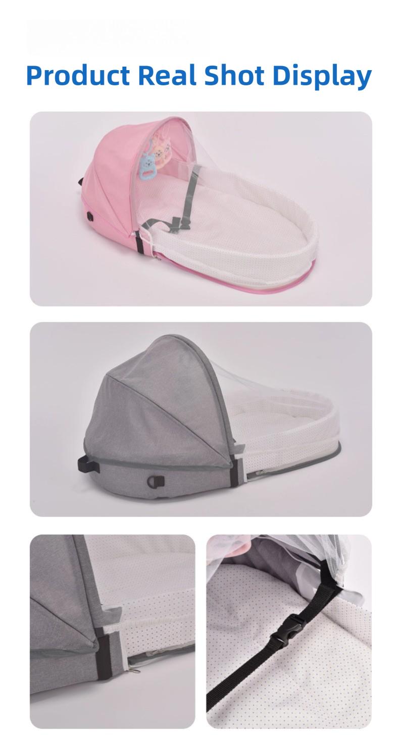 Portable Baby Bed in Bed for 0-12 Months Foldable Travel Infant Bassinet with Mosquito Net Canopy Breathable Mattress Safety Straps Carry Bag Backpack Design Includes 3 Hanging Toys