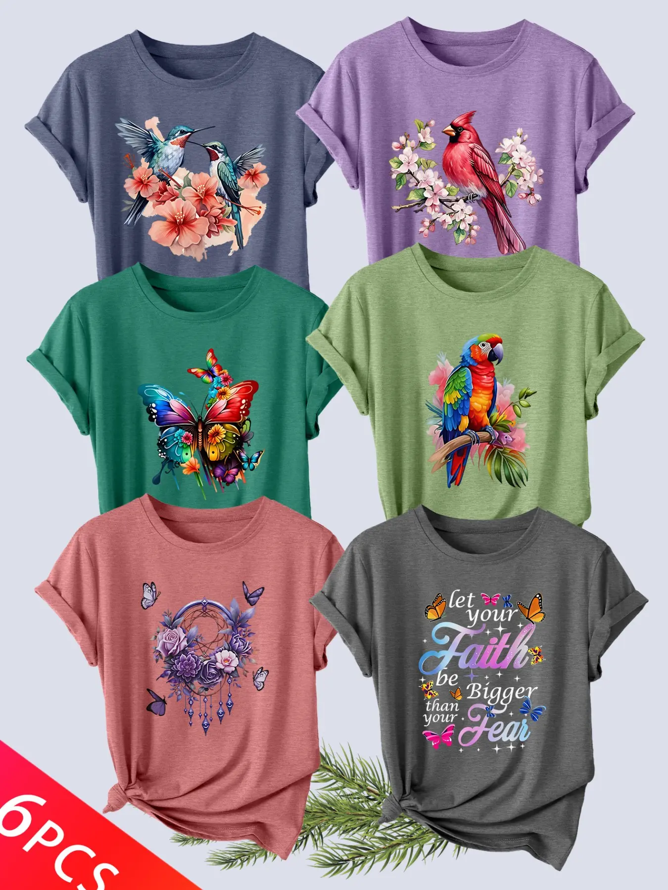 6Pcs Women Casual Crew Tee Top, Hummingbird Parrot Butterfly Dreamcatcher Faith Print, multi-washable spring summer tee
