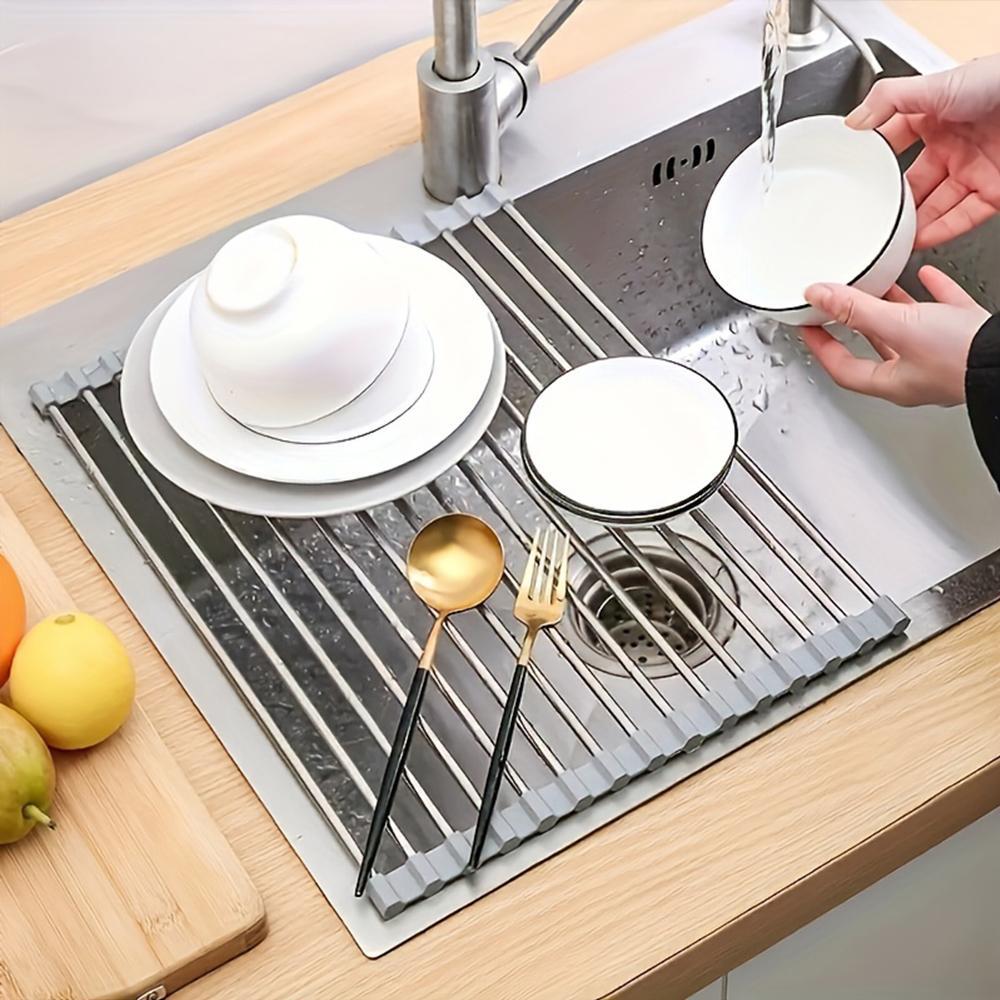 Stainless Steel Silicone Roll Up Over The Sink Dish Drying Rack, 1 Count Multifunctional & Portable Kitchen Drainer Rack, Dish Drying Organiser, Kitchen Accessories