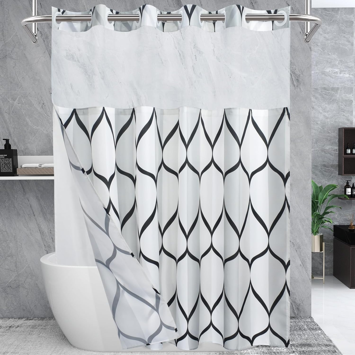 Double Layer Waterproof Printed Shower Curtain, 1 Count Modern Geometric Pattern Bathroom Curtain with Removable Inner Lining, Shower Curtain Liner, Bathroom Decor Supplies, Home Goods