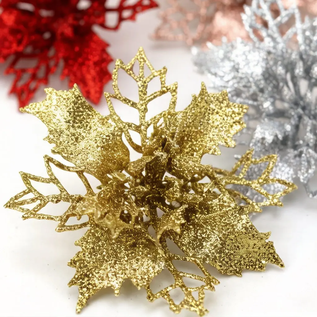 (5pcs/pack) 15cm Width Medium Artificial Christmas Tree Flower Glitter Decorations, Xmas Ornaments, New Year Gift, Decoration