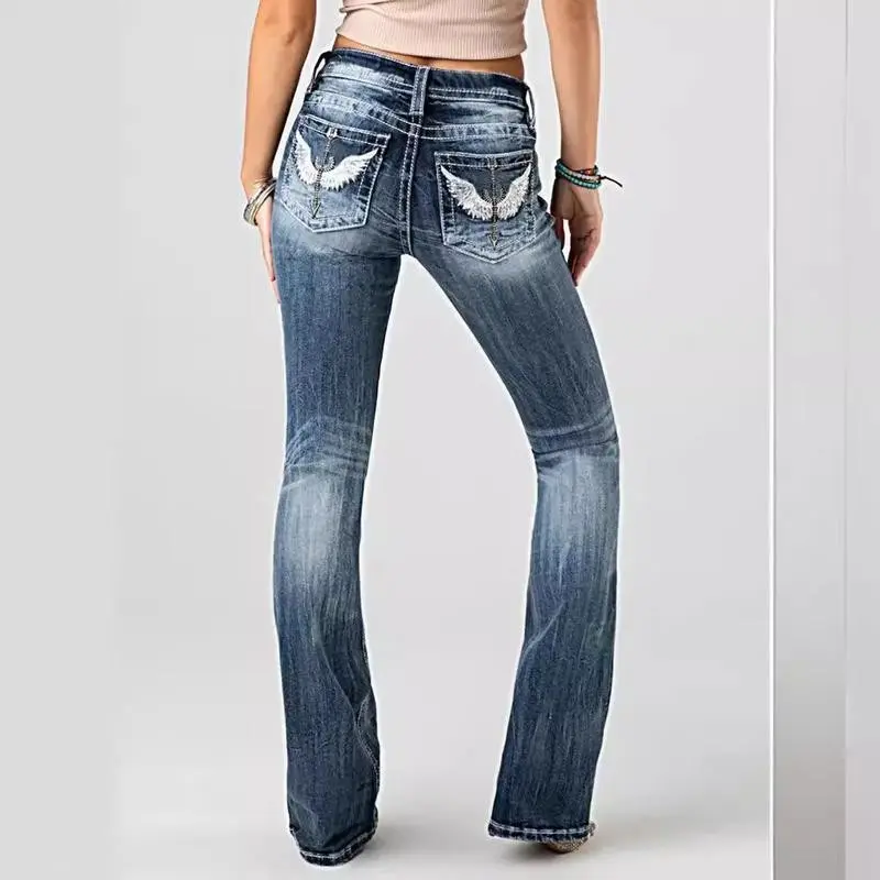 2025 New Embroidered Jeans Women's Heavy-Duty Washed Stretch Denim Trousers Womenswear Bottom