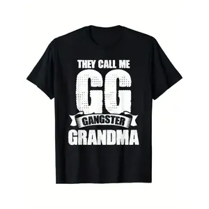 Black Cotton "They Call Me GG Gangster Grandma" Graphic T-Shirt with Combed Design, Short Sleeve Round Neck Casual Fit for Women, Perfect Gift for Grandmothers, Humorous Playful Graphic Tee, Unisex Vintage Oversized Cotton Tee for Men and Women, S–3XL