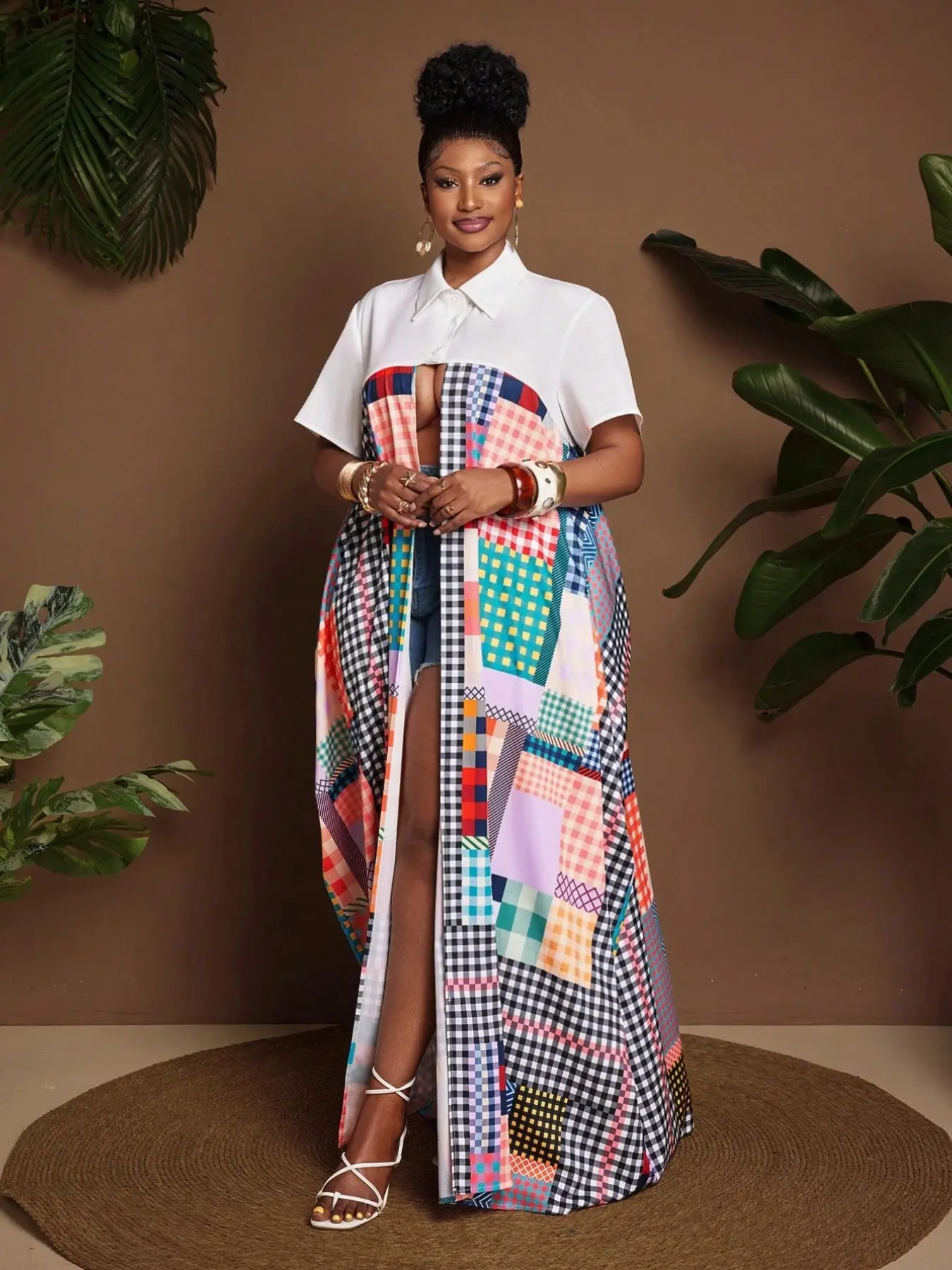 Plus Size Women's Summer Bali Vacation Skirt, Contrasting Plaid Patchwork, Music Festival Lapel Loose Skirt, Stylish and Comfortable