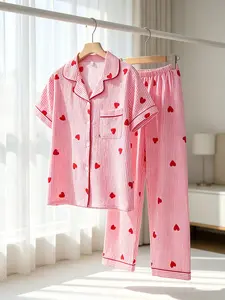 Women's Button-Down Short Sleeve Top & Long Pants Pajama Set, Pink Striped Red Heart Print, Red Piping, Front Pocket, All Season Wear, Loose Fit, Coquette Sweet Girly Day-to-Night Loungewear