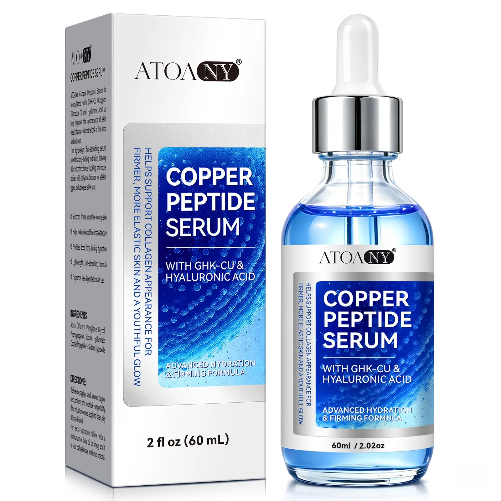 ATOANY Copper Peptide Serum 60mL, a Gentle facial serum containing peptides and hyaluronic acid—an anti-aging facial serum suitable for sensitive and mature skin