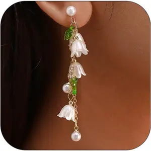 Cute  Of The Valley Earrings Fairy Flower  for Women, Statement White Flower  Long Tassel Dangle Earrings Idyllic Holiday Leaf Earrings