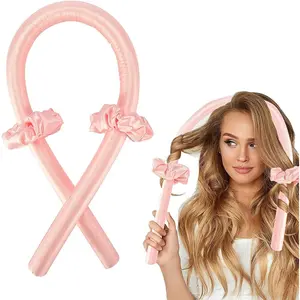 Heatless Curling Rod Headband, No Heat Silk Ribbon Curling Rod Hair ,Lazy Natural Soft Wave DIY Hair Rollers Styling Tool for Sleep in Overnight (Pink)