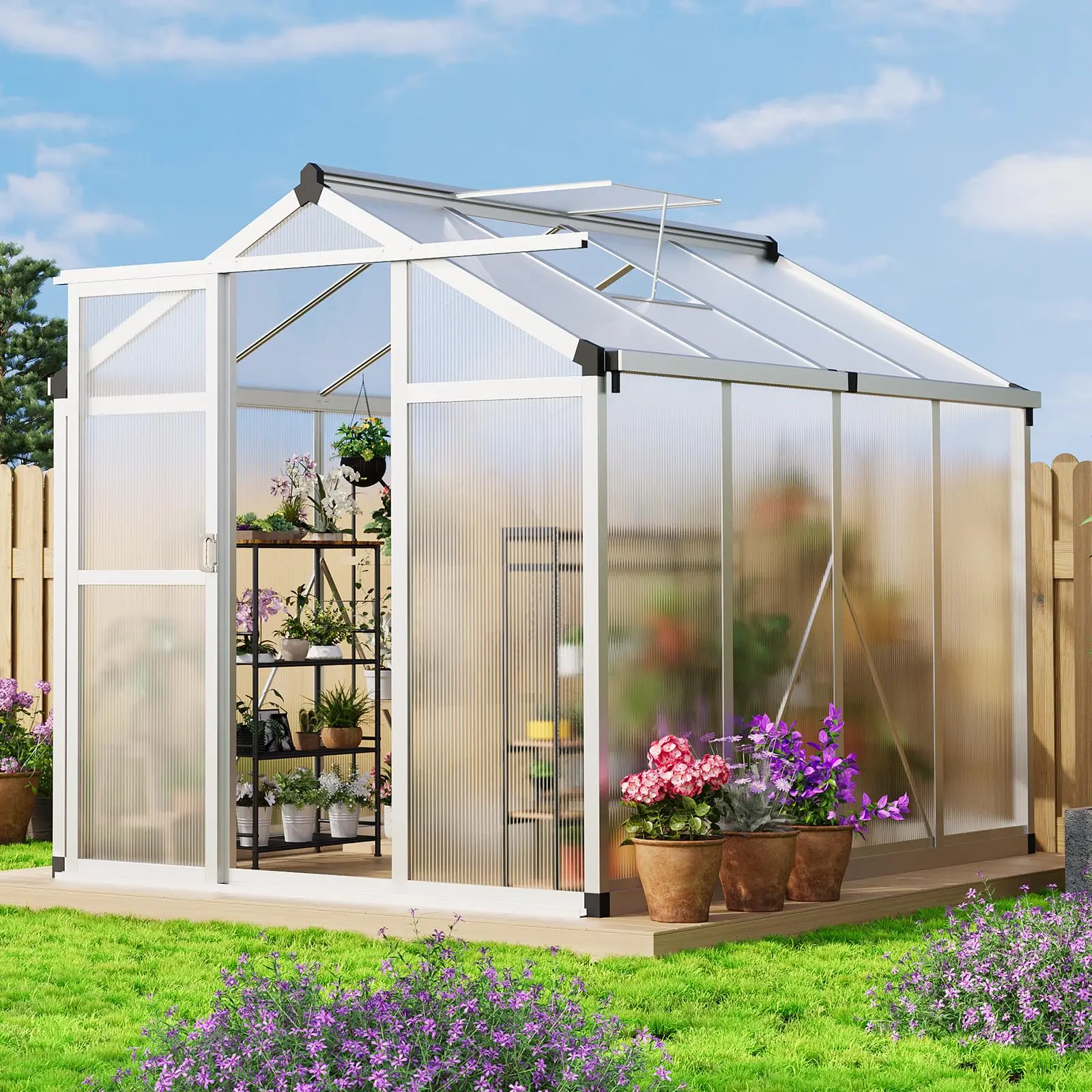 Garvee Aluminum Walk-In Greenhouse with Polycarbonate Panels – Quick Setup, Roof Vent, UV Protection, Outdoor Winter Garden – 6x8 FT – Original Color