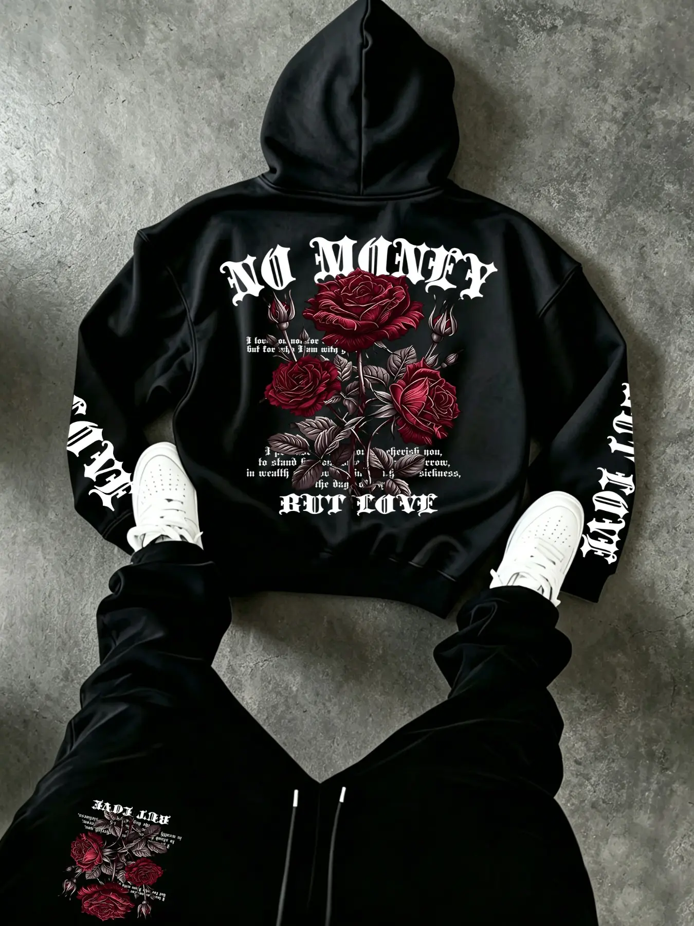 High Street Trendy Men's Hoodie, Drop Shoulder Design, Rose Flower Love Quote Print, Casual Fall Winter Streetwear Essential