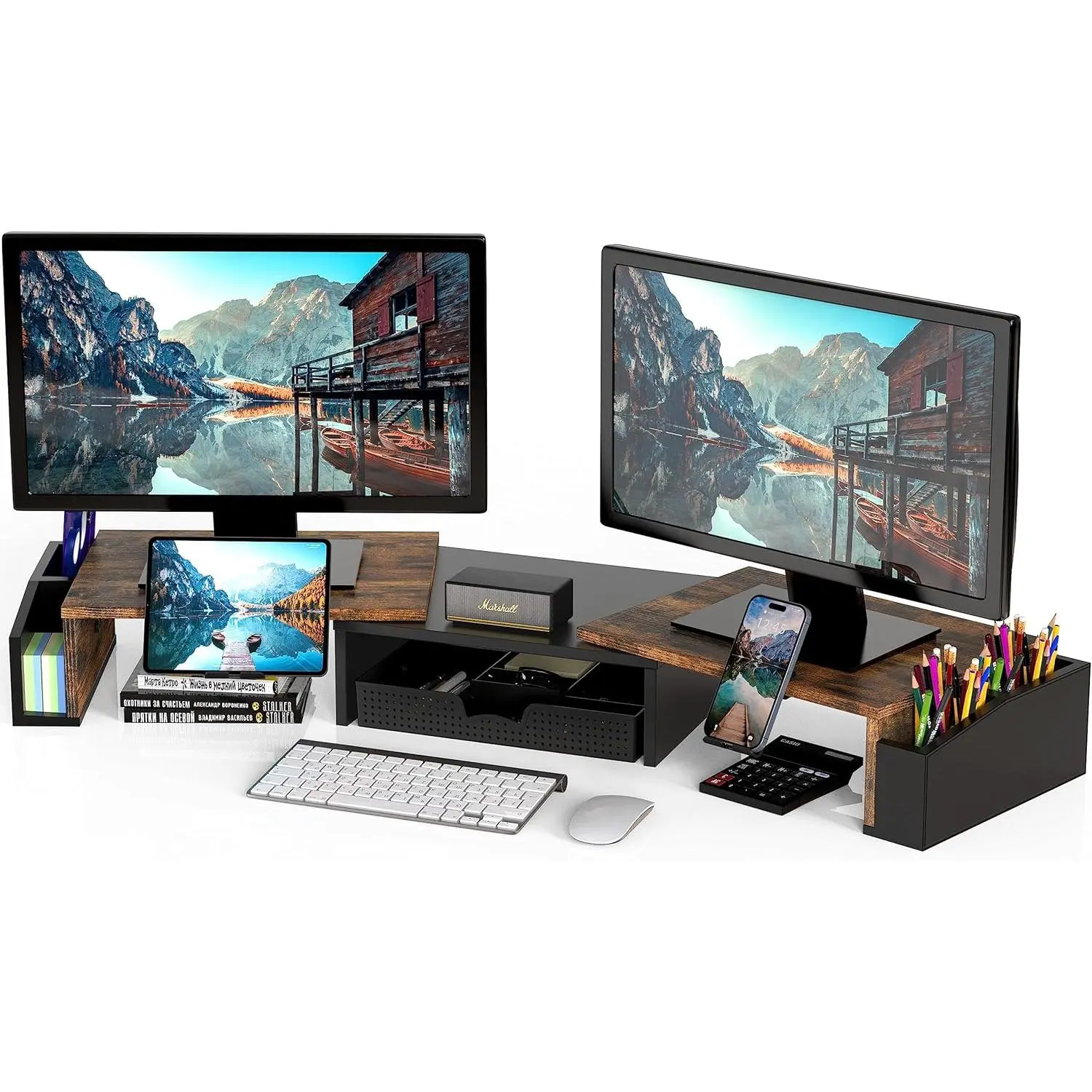 Desk Dual Monitor Stand Riser with Drawer, Rustic Brown,Customizable Organizer Tray, Built-In Phone & Tablet Slot and Side Storage