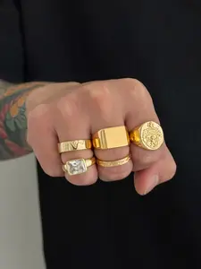 5-Piece Vintage Multi-Layer Gold Coin Stamp Stackable Ring Set, Luxury Rhinestone Index Finger Rings, Versatile Layered Jewelry for Men