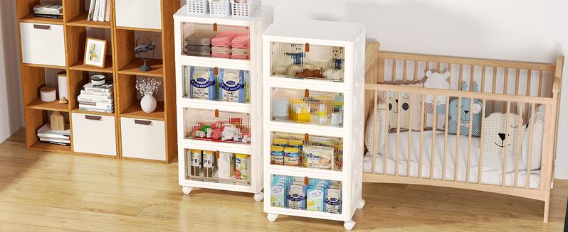 4-Tier Stackable Plastic Storage Bins Organizer, 93 Qt Total Capacity, Foldable Storage Boxes with Lids & Wheels, Translucent Front Door for Bedroom, Living Room, Office