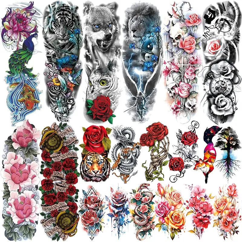 20 Sexy Rose Flower Temporary Tattoos, 8 Full Arm Large Animal Skull Floral Patterns, 12 Waterproof Half Arm Watercolor Fake Tattoos, Party Decor, Tattoo Stickers, Ephemeral Tattoos