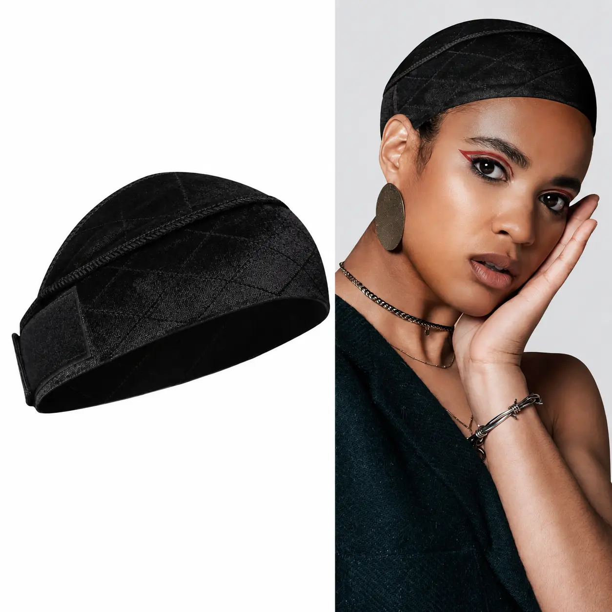 Adjustable Velvet Wig Grip Headband for Women, Half Velvet Wig Fixing Band with Elastic Hook & Loop Closure, Wig Secure Headband for Daily Wear hand
