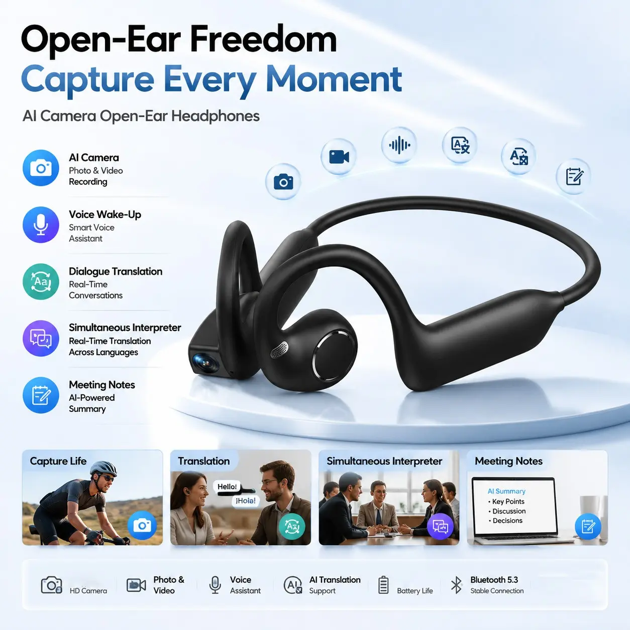 Smart Ai Earphones with HD Camera, Video Recording, HiFi Sound, Bluetooth-compatible Music, Ai Translation, Image Recognition, Wireless Sports Earbuds