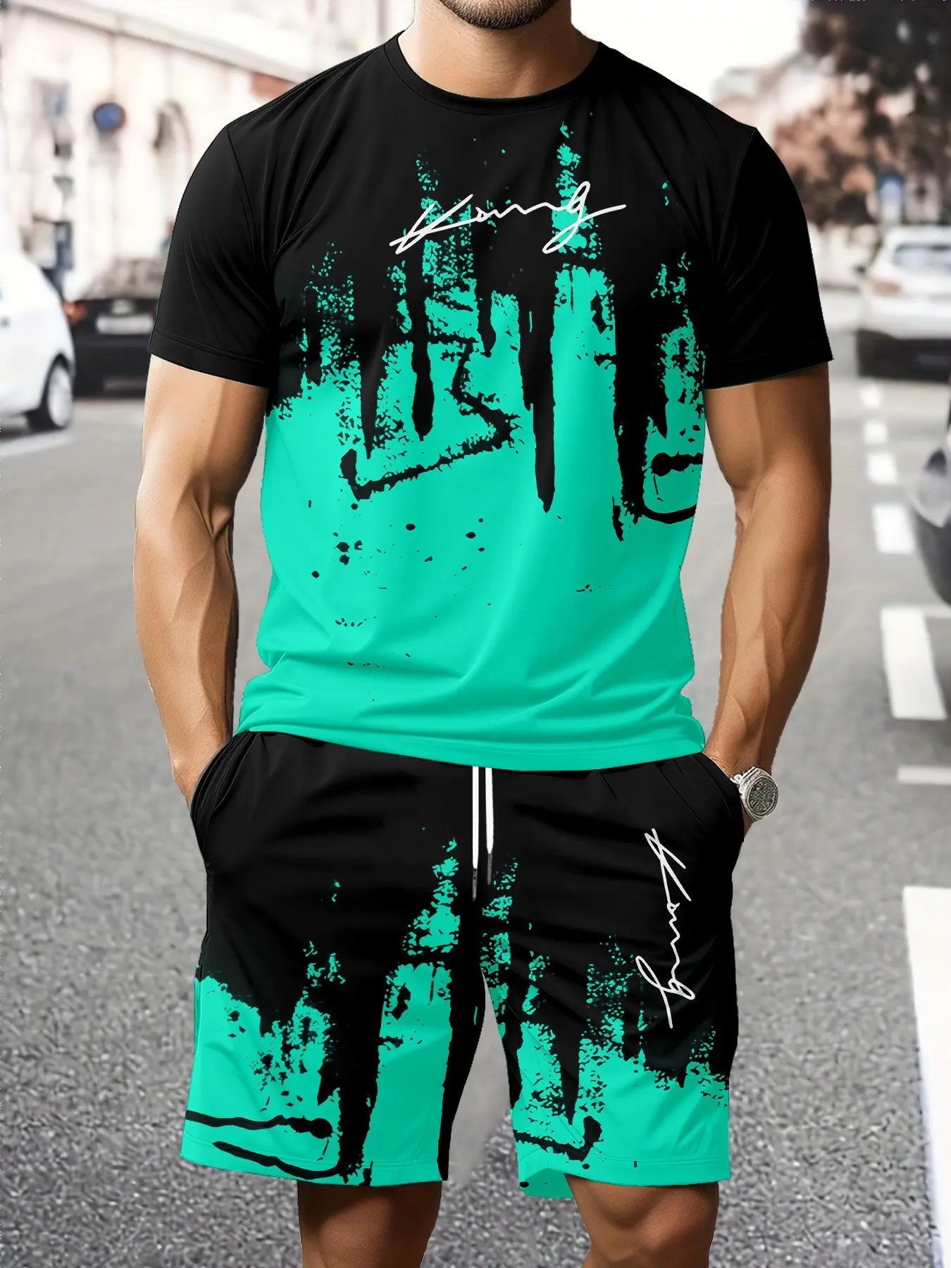 Lightweight and quick drying men's two-piece set, trendy hand-painted brush print, suitable for both home and outdoor use