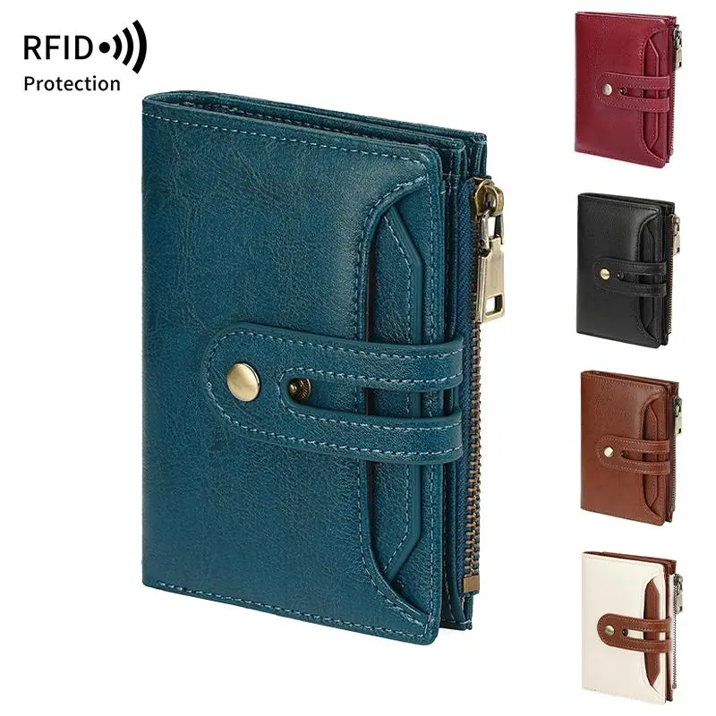 Small Women's Wallet Leather Ladies Billfold Card Holder RFID Blocking with Zipper Coin Pocket
