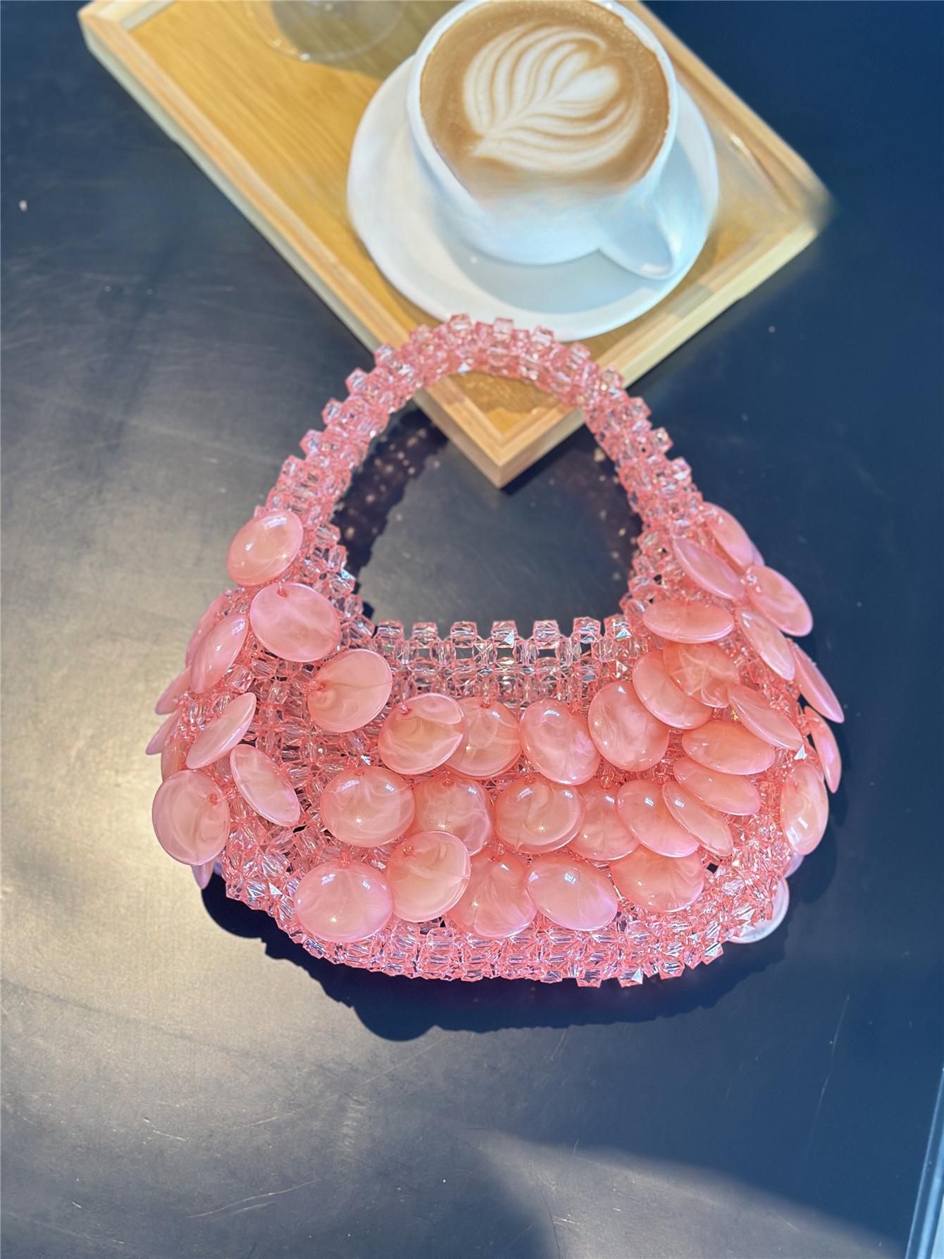 Vintage Barbie Pink Handmade Beaded Pearl Natural Large Shell Bucket Bag Crescent Bag Handbag for Women 2026