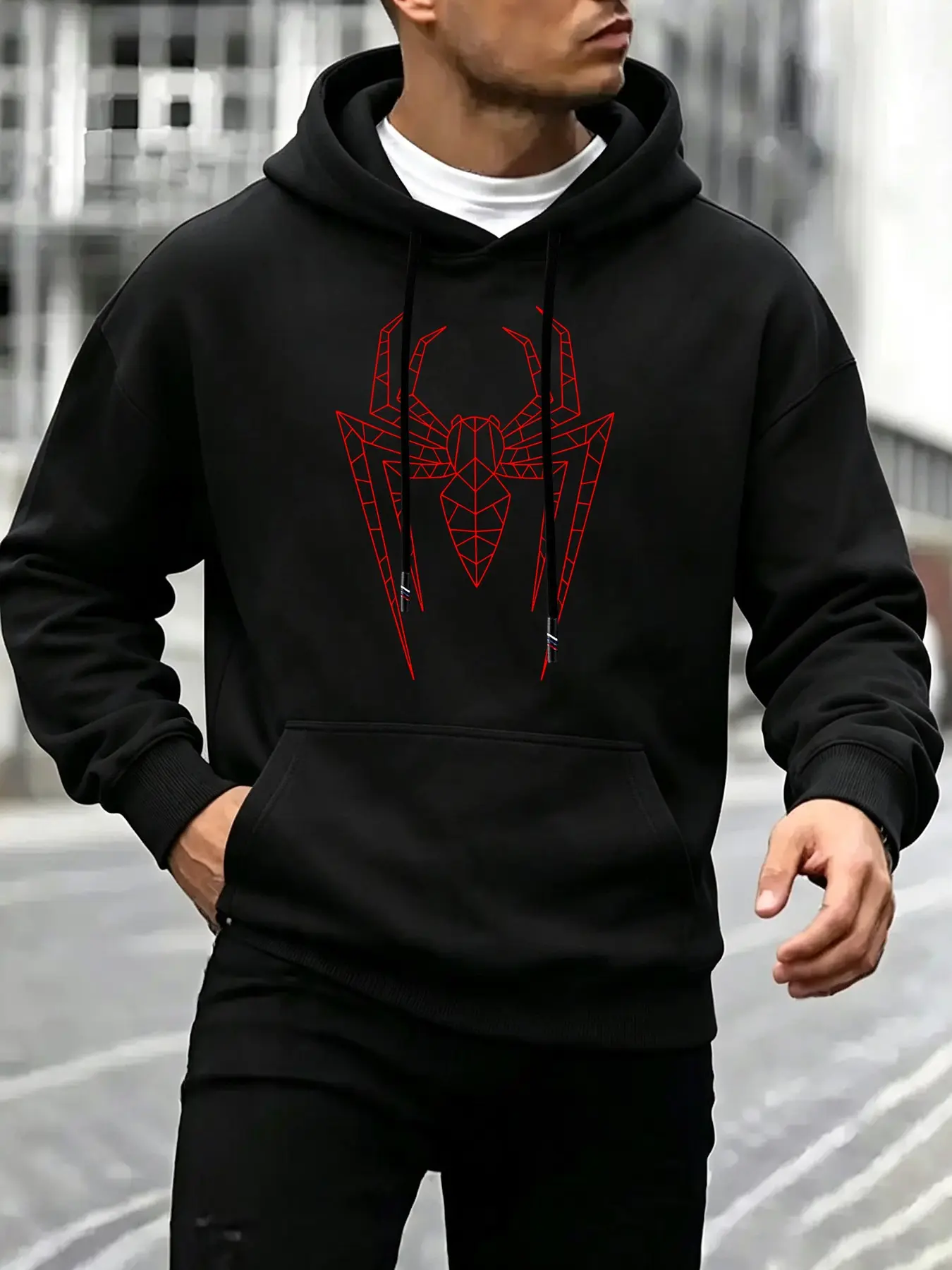 New Spider Print Men's Sweatshirt, Casual Loose-Fit Long Sleeve Hoodie, Outdoor Streetwear, Running Fitness Training Top