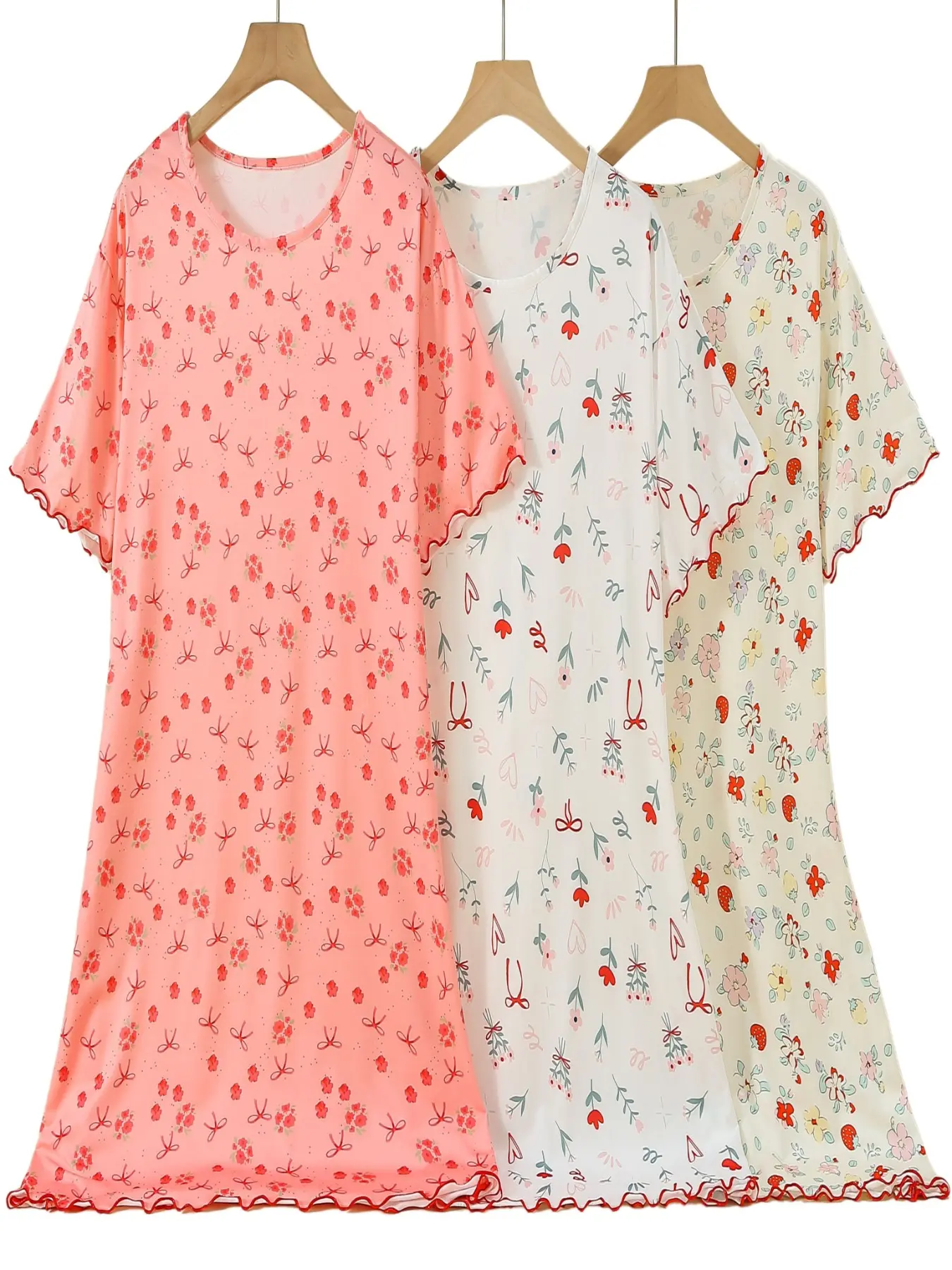 3-Pack Short Sleeve Summer Nightdresses, Loose Fit Floral Print, Comfortable Casual Nightwear Sleepwear Homewear Loungewear, Round Neck, Butterfly Knot Design, Rolled Hem
