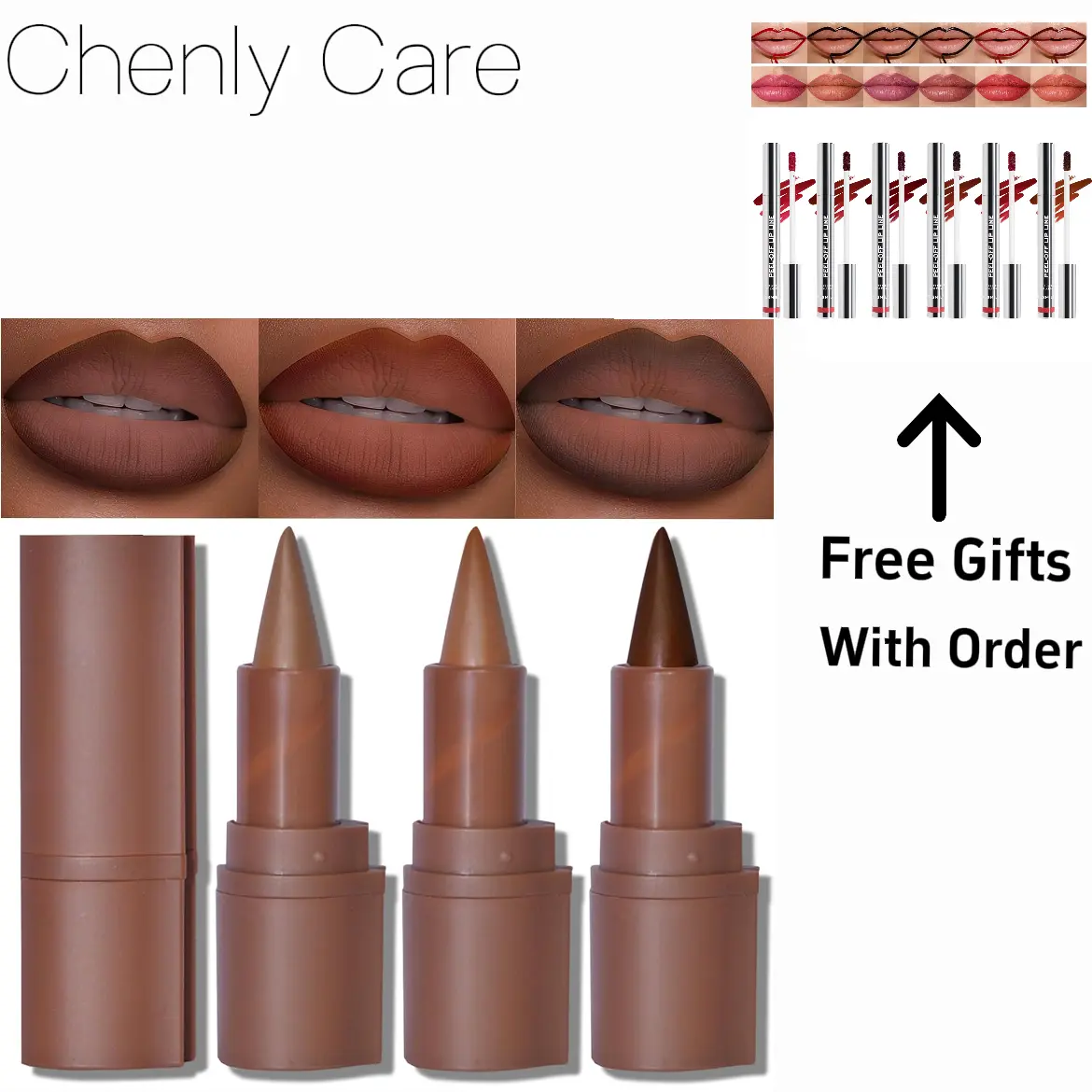 Chenly Care 2-in-1 Lip Liner and Lipstick Lip Combo Set, Matte Nude Dark Brown Red Lip Liner Creamy Lip Pencil Crayon, High Pigmented Long lasting Lipstick Makeup, 3PCS Lipliner Caramel