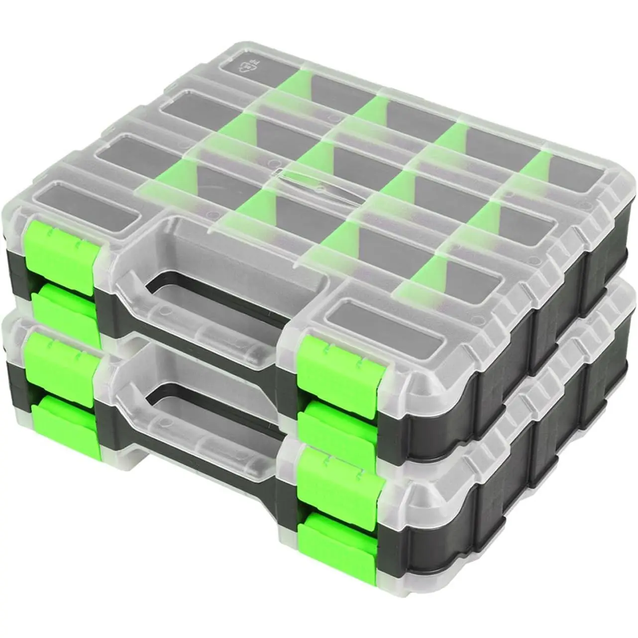 Tool Box with Transparent Lid, Double Side 34-Compartments Organizer Box with Removable Dividers  Hardware, Screws, Bolts, Nails, Beads, Jewelry and Fishing Accessories, Green, 2 Pack New model