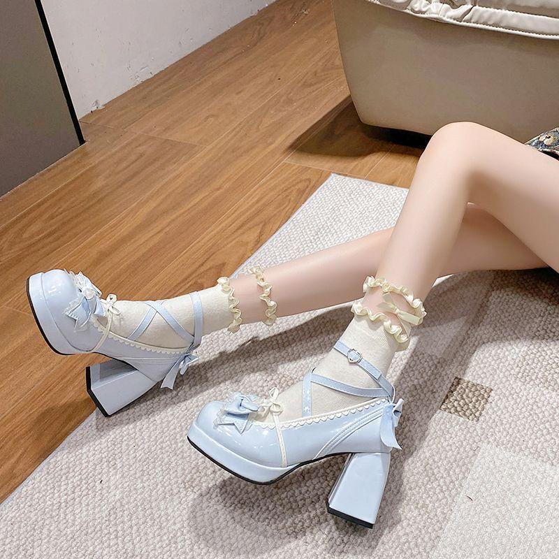 Lolita Shoes Women High Heels Shoes Woman Chunky Sandals Summer Mary Janes PU Leather Shoes Retro Bow Party Platform Pumps