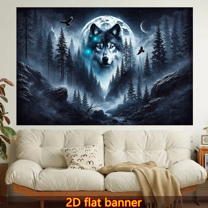 Wolf in Moonlight Mystical Forest Tapestry - Horizontal Wolf Wall Hanging Suitable for Living Room, Bedroom, Office Decor, Night Sky, Non-Luminous Printed Fabric for Meditation Room & Party Decoration