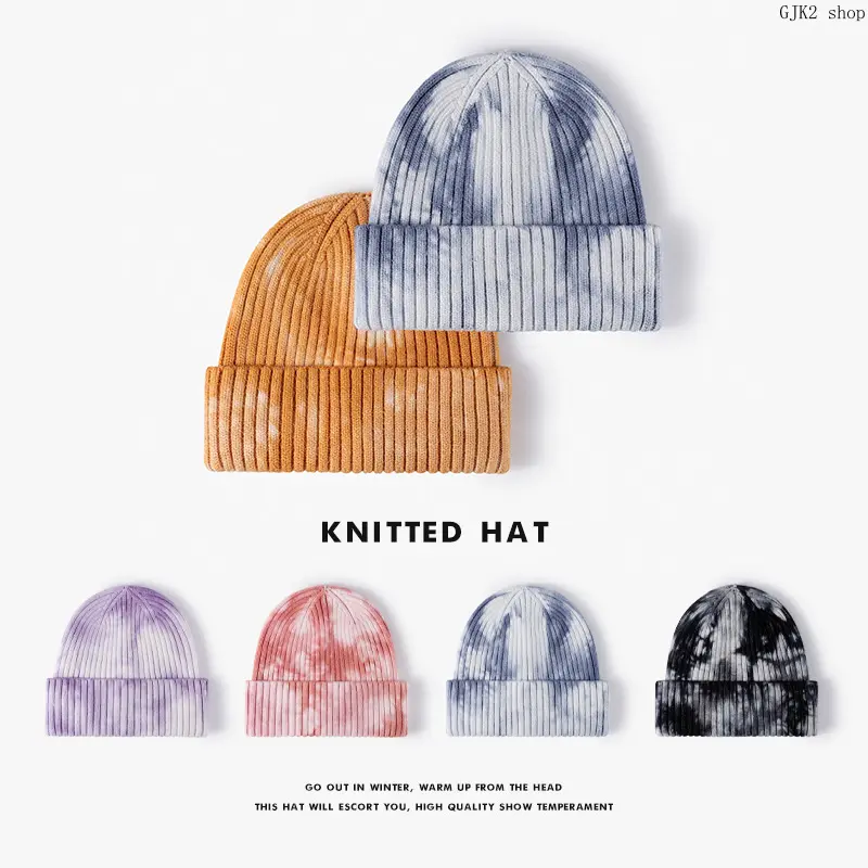 Winter Tie‑Dye Vertical Rib Knitted Cuffed Beanie Stretchy Soft Warm Casual Street Style Unisex Hat